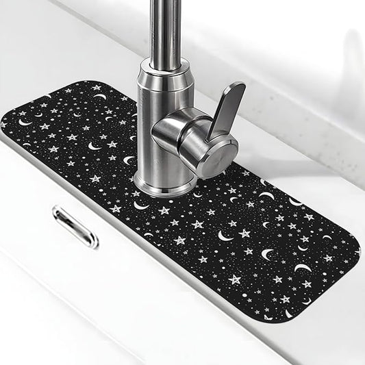 Black And White Moon Star Kitchen Sink Splash Guard Faucet Mat Super Absorbent Fast Drying Mat Sink Gadgets-Fast Drying Pad Sink Mat For Kitchen Bathroom (15" X 5.5" )