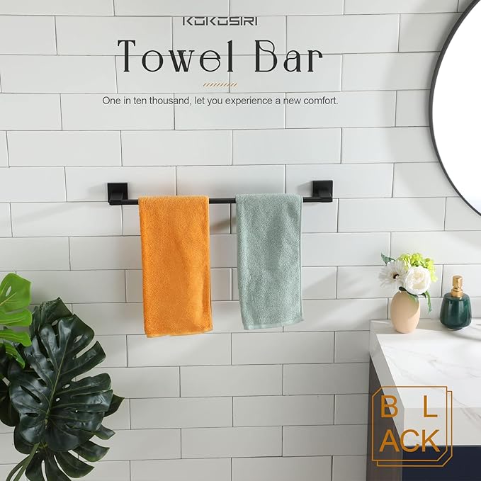 KOKOSIRI 20 Inch Bath Towel Bars Bathroom Towel Racks Towel Holder Towel Rods Kitchen Towel Hanger Bathroom Accessories Stainless Steel Wall Mounted Matte Black B4006BK-L20