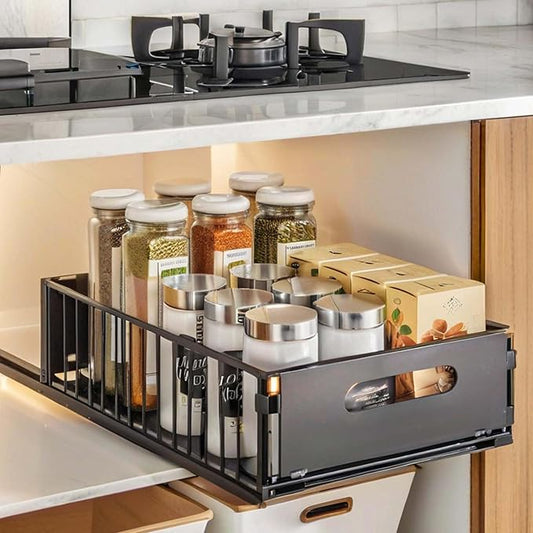 Slide-Out Storage Organizer 9.6"x14.8"x4" Matte Black Rustproof Carbon Steel Pull Out drawer Tray with Adhesive Taps and Screw Installation for Bathroom Cabinet,Under Sink, Dresser