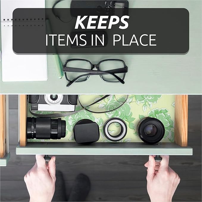 FIFTY FEET 12X120 Inch Shelf Liner for Kitchen Cabinets, PVC Drawer Liner for Dresser Non-Slip Bathroom, Non-Adhesive Cabinet Liner Washable (Green Flower)(1 Roll)