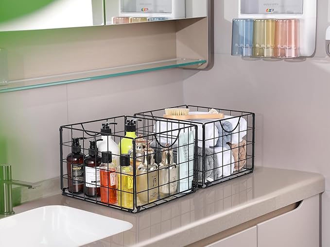 DINGTAI Metal Wire Basket Organizer Foldable Set of 6, Food Storage Mesh Bin with PVC Sheet, Freezer Organizer Bins for Pantry Closet Bathroom-Black