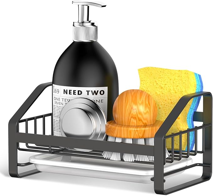 Sink Caddy, Sponge Holder for Kitchen Sink, Bathroom Sink Organizer, 304 Stainless Steel Kitchen Countertop Organizer Soap Tray with Removable Drain Tray-Black