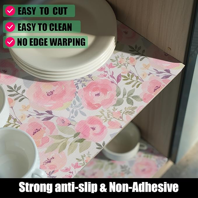 Amiitay Peach Peony Shelf and Drawer Liner 12IN x 20FT,Non-Adhesive and Strong Non-Slip Floral Cabinet Drawer Liners for Kitchen Shelf, Waterproof Cupboard Liners,Easy to Clean