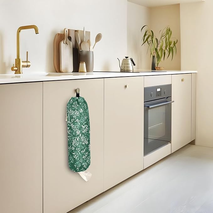 Plastic Bag Holder Wall Mount Grocery Bag Shopping Bag Storage Holder Organizer Dispenser with Adhesive Hook,for Kitchen Bathroom Home Decor 9x22 Inches Green Retro Pattern Bohemian20