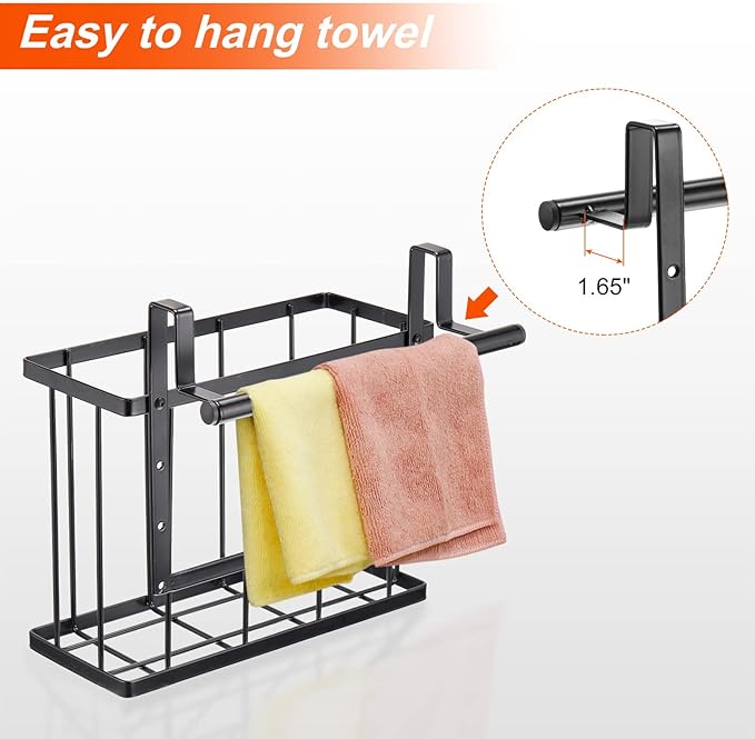 Uxcell 2 Pack Cabinet Door Organizer with Towel Bar, Metal Wire Baskets with Hooks, Over Cabinet Door Organizer for Kitchen, Pantry, Bathroom Storage, Black