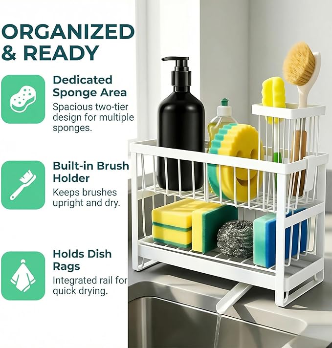 2-Tier Sponge Holder for Kitchen Sink, Self-Drain Caddy with Brush Holder, Countertop Organizer for Sponges, Brushes, and Dish Rags（White）