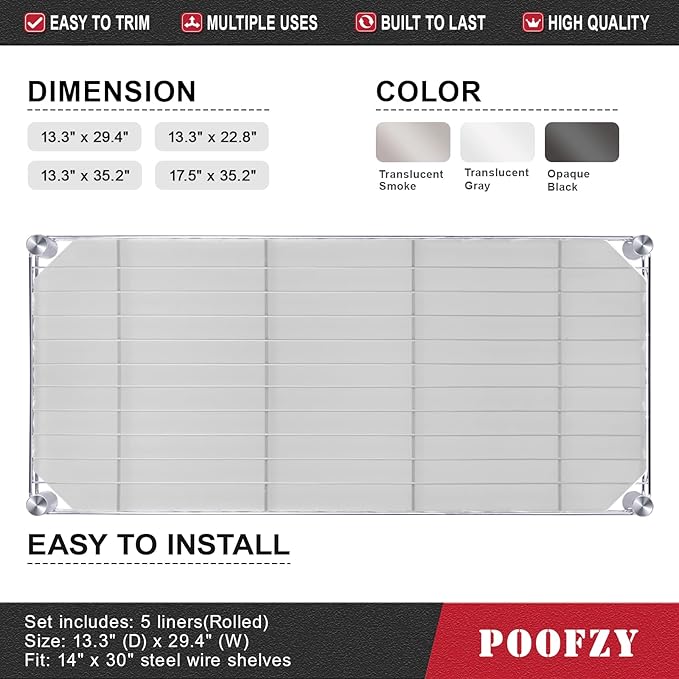 Poofzy Wire Shelf Liner 14" X 36", Non-Adhesive Plastic Shelf Liners for Wire Shelving, Waterproof Protector Mats (4PK, Clear)