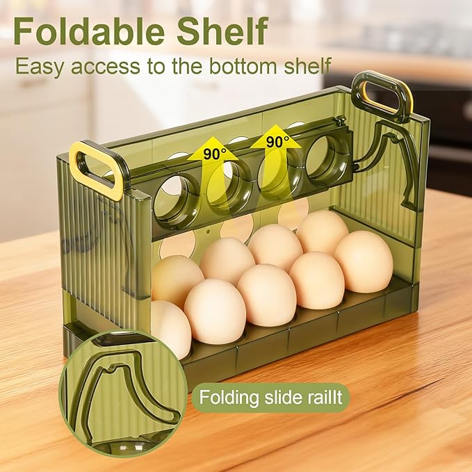 20 Egg Holder for Fridge, 2 Tiers Clear Stackable Stand Tray with Drawer for Refrigerator, Can See Freshness in a Timed Manner, for Refrigerator, Countertop with Handle
