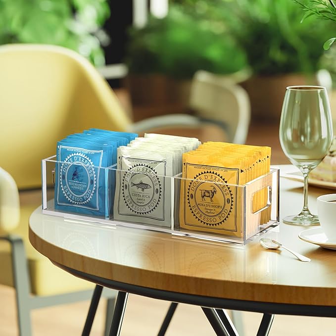 Tea Bag Organizer, Small Clear Tea Bag Holder for Drawer Kitchen Cabinets Pantry Countertops Organizers Storage, BPA-Free Acrylic Coffee Pods, Sugar Packets,Plastic Teabag Bins Home Organizer