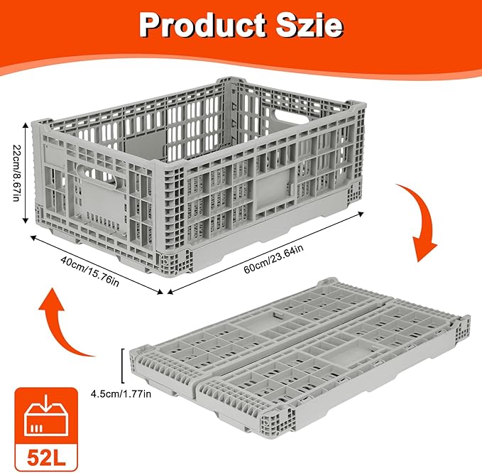 Shineyaplus Collapsible Milk Crate, 1 pck 52L(13GAL) Stackable Storage Bins, Heavy Duty Storage Crates, Plastic Crates for Grocery, Warehouse Organization - Extra Large, Holds 130 lbs Per Bin
