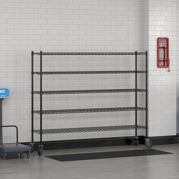 Commercial NSF Listed Black Epoxy Mobile Wire Shelving Kit 14" x 72" x 60", with 5 Shelves Perfect for Warehouse, Walk-in Refrigerator, Freezer, Grocery Store, Restaurant, Dishroom