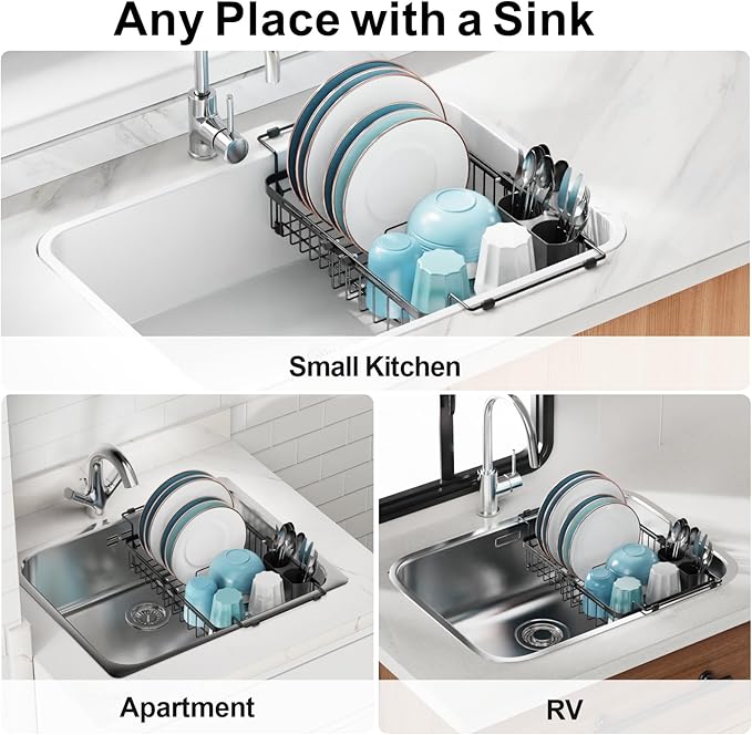 GSlife Over The Sink Dish Drying Rack - Capacity Expandable in Sink Dish Drying Rack with Lock Knob and Utensil Holder, 12.2"-17.3" L x 12.6" W, Black