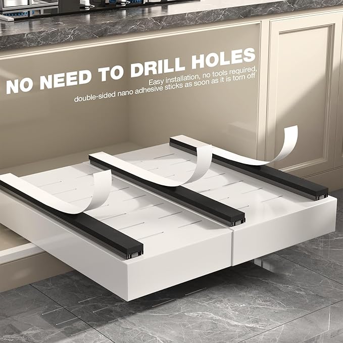 2 Pack Pull Out Cabinet Organizer 22" Deep,Full Extension 3 Slide Rails Slide Out Drawers With Raising Pad for Framed Cabinets,Expandable Width (12.3"-20.5"),No Drill Roll Out shelf,White
