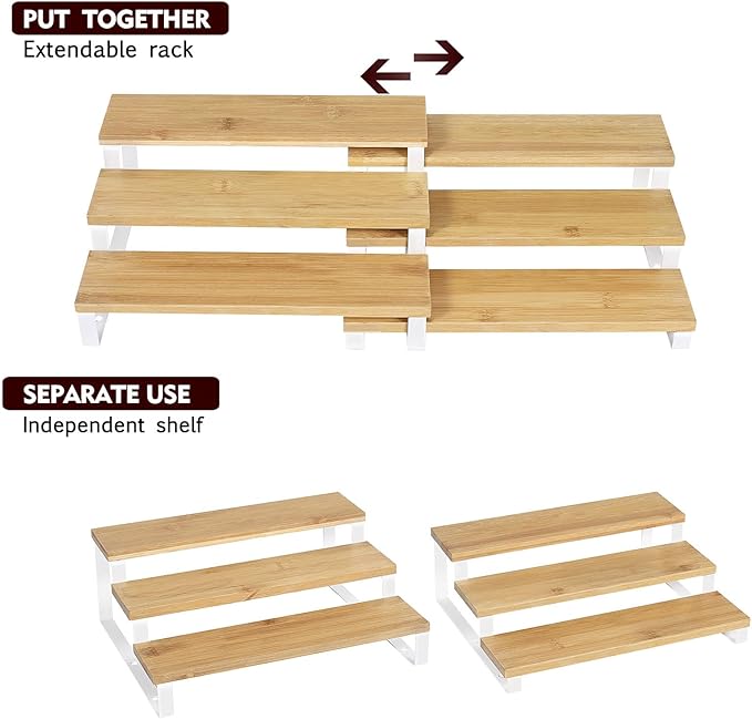 2 Pack Expandable Spice Rack Organizer for Cabinet – 3 Tier Wood & Metal Shelf Spice Rack, Adjustable Seasoning Organizer for Kitchen Counter, Pantry or Bathroom Storage, White Frame