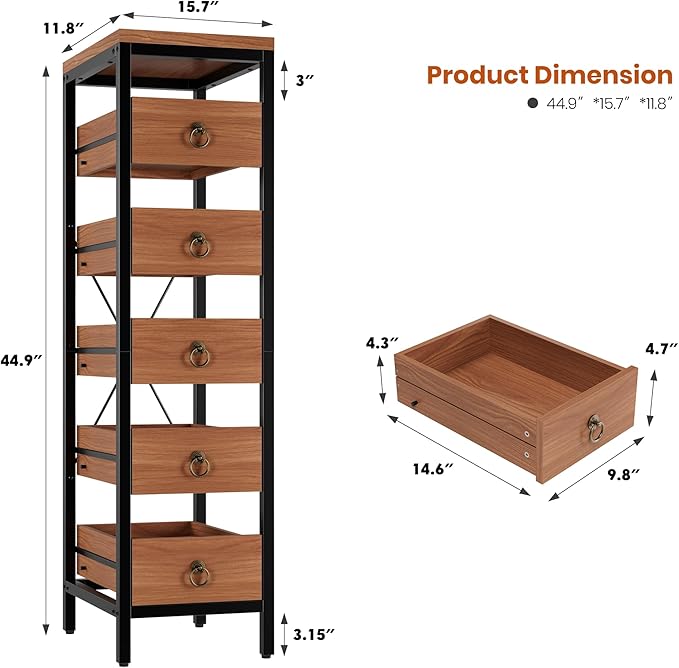 Kitchen Fruit Vegetable Storage Rack, 5-Tier Narrow Snack Fruit Display Stand with 5 Pull-Out Drawers Basket, Utility Organizer Standing Shelf for Kitchen Living Room Bathroom Supermarket, Walnut