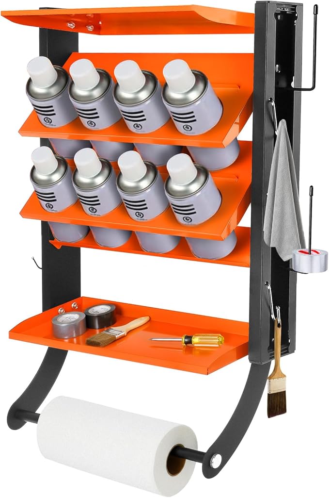2-Tier Spray Paint Can Holder Rack Wall-Mount, Heavy Duty Spray Bottle Lube Can Organizer, 8 Can Storage Rack with Paper Towel Rod, Ideal for Garage/Workshop/Home,Orange