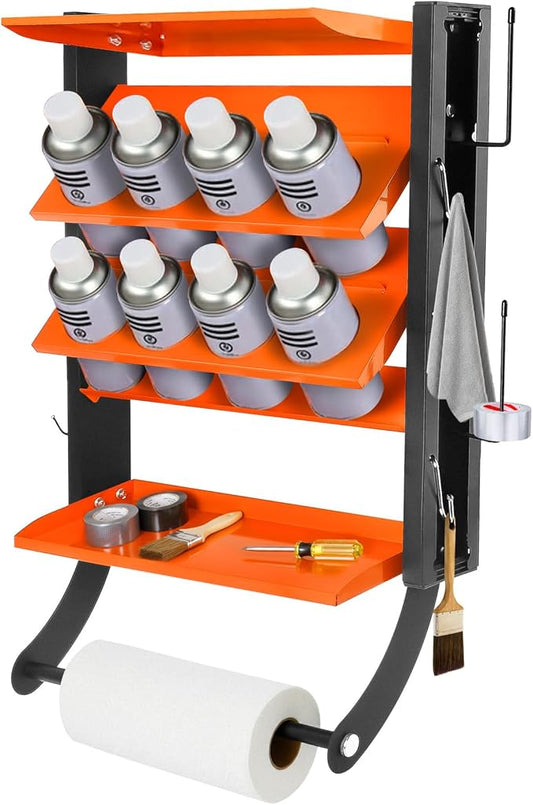2-Tier Spray Paint Can Holder Rack Wall-Mount, Heavy Duty Spray Bottle Lube Can Organizer, 8 Can Storage Rack with Paper Towel Rod, Ideal for Garage/Workshop/Home,Orange