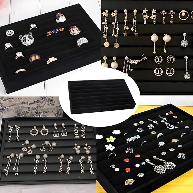 Velvet Jewelry Organizer Trays Black Stackable Jewelry Storage Display Tray with Removable Dividers, 8 Rolls