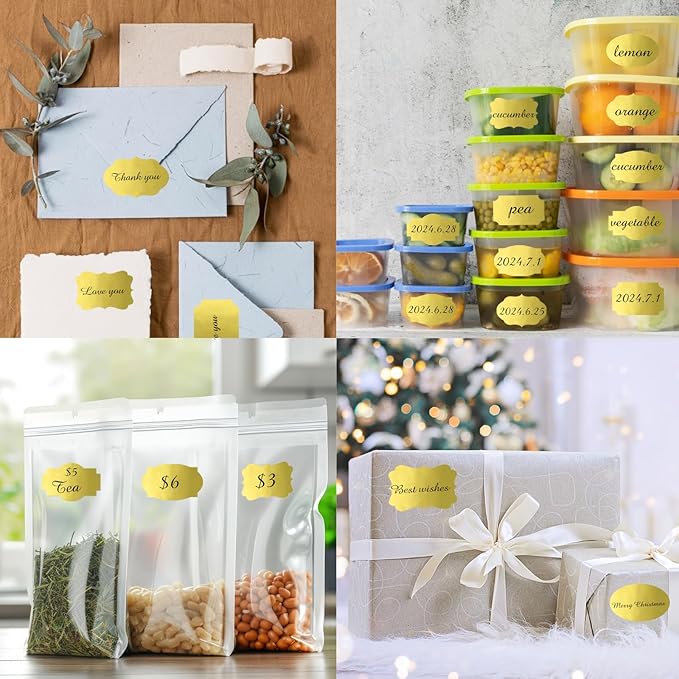 350 PCS Fancy Shape Stickers, 2" x 1.2" Gold Labels for Home, Office, Kitchen, Gifts, Jars, Food Craft