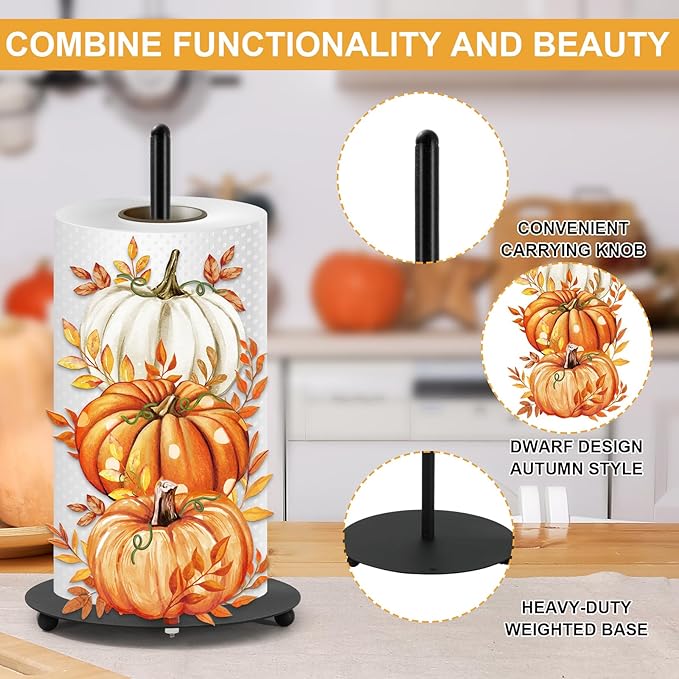 JarThenaAMCS Fall Paper Towel Holder Watercolor Pumpkin Kitchen Decor Accessories Large Metal Towel Holder Stand for Autumn Thanksgiving Home Party Bathroom Countertop