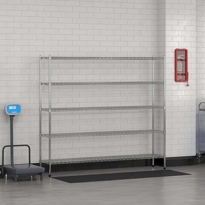 Commercial NSF Listed Chrome Stationary Wire Shelving Kit 14" x 72" x 64", with 5 Shelves Perfect for Warehouse, Walk-in Refrigerator, Freezer, Grocery Store, Restaurant, Dishroom