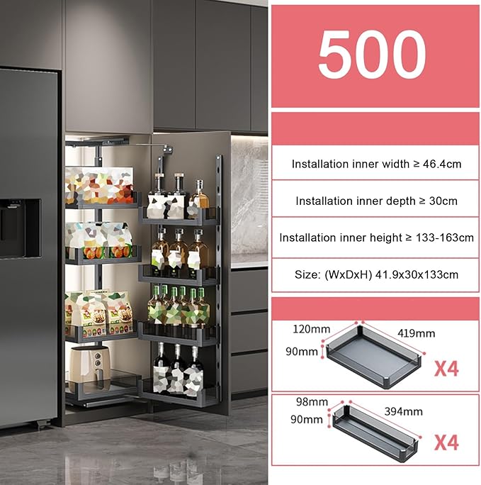 WIGING 4-Tier Narrow Cabinet Pull-Out Basket, High Cabinet Pull-Out Storage Rack with Adjustable Dividers for Kitchen Bathroom Pantry, Single-Layer Load Capacity: 15kg(41.9x30x133cm)