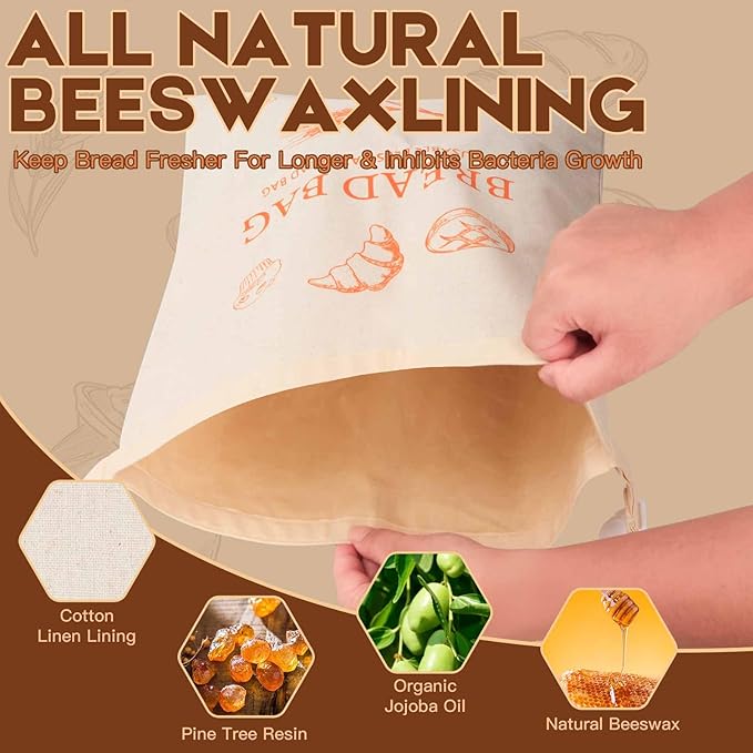 HOYEEFOU 2-Pack Reusable Beeswax Bread Bags for Homemade Bread & Sourdough,100% Linen Waxed Bags Keeps Fresh Longer,XL Eco-Friendly Fresh Food Storage,Freezer Safe