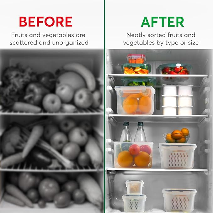 BreezyHome 5 Set Fruit Storage Containers for Fridge with Colanders Dishwasher Safe, Leakproof Fruit and Vegetable Storage BPA-Free Plastic, Produce Storage Keep Berry Fruit Veggie Meat Fresh