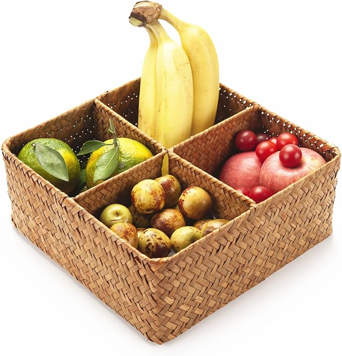 Woven Seagrass Storage Basket with 4 Divided Sections, Wicker Basket Bin Box Organizer for Countertops/Closet/Shelf/Dresser