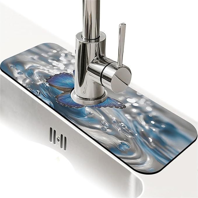 Kitchen Sink Splash Guard，A blue butterfly Faucet Mat Sink Gadgets-Super Absorbent Fast Drying Mat Drip Catcher for Kitchen, Bathroom,Sink Mat, Dish Drying Mat, Bathroom(15" X 5.5" )