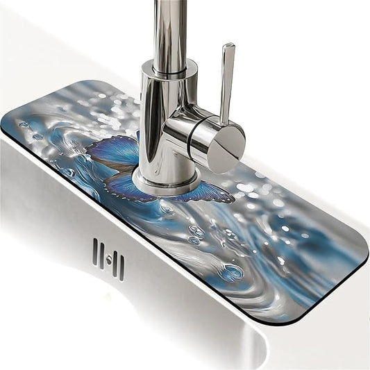 Kitchen Sink Splash Guard，A blue butterfly Faucet Mat Sink Gadgets-Super Absorbent Fast Drying Mat Drip Catcher for Kitchen, Bathroom,Sink Mat, Dish Drying Mat, Bathroom(15" X 5.5" )