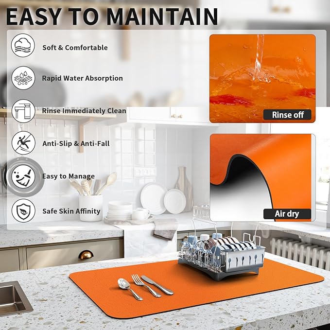 Dish Drying Mat for Kitchen Counter, Heat Resistant Drainer Mats with Non-slip Rubber Backed, Hide Stain Kitchen Super Absorbent Draining Mat, Easy to Clean Dish Rack Pad, Orange 16"x20"