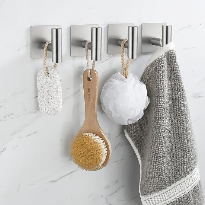 kesink Adhesive Towel Hook 4 Pack, Bathroom Wall Hooks, Sticky Coat Hooks for Hanging, Closet, Robe Hook SUS304 Stainless Steel Brushed, BTH7204-2-P4