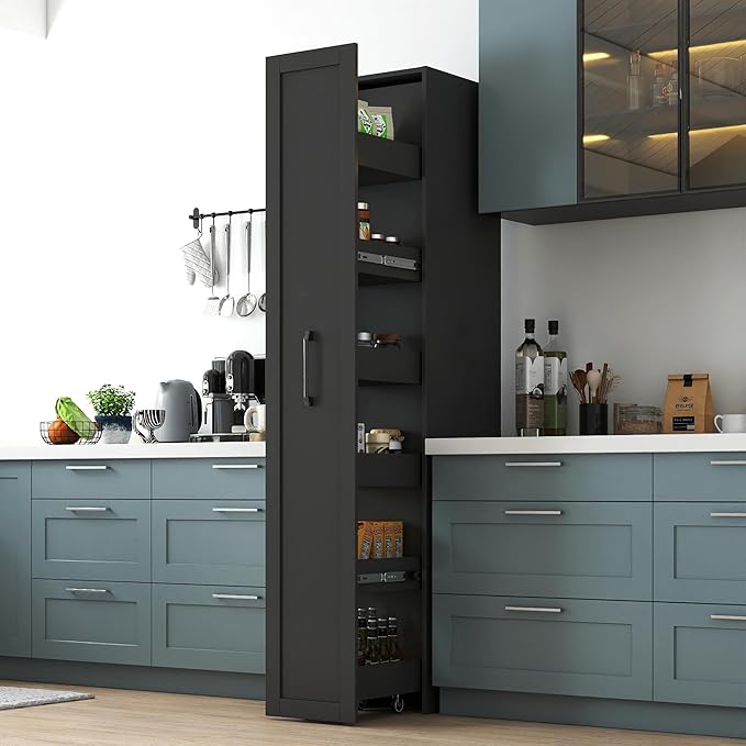 Slim Rolling Storage Cart, 6-Tier Pull-Out Spice Rack with Handle & Wheels, Narrow Kitchen Organizer for Next to Fridge, Pantry, Laundry Room,11.8 Inch Wide Space Saver（Black, With Side Panel)