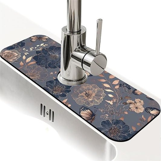 Kitchen Sink Splash Guard，Graceful butterfly flowers Faucet Mat Sink Gadgets-Super Absorbent Fast Drying Mat Drip Catcher for Kitchen, Bathroom,Sink Mat, Dish Drying Mat, Bathroom(15" X 5.5" )