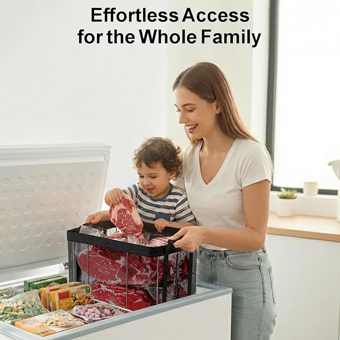 iSPECLE Deep Freezer Organizer Bins - 2 Pack Stackable Deep Freezer Organizer Bins for 5 to 7 Cu.Ft Chest Freezers Easily Access Pizza (≤12"), Faster Freezing Better Freshness, Black