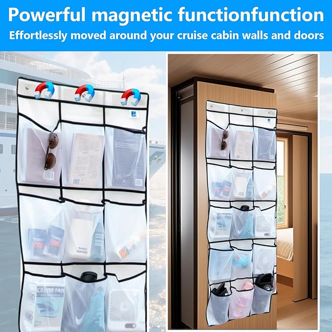 Magnetic Door Organizer with Hooks, 24 Mesh Pockets, Over Door Storage Solution, White, 60x24 Inch, Magnetic Shoe Rack Holder for Cruise Ship Cabins