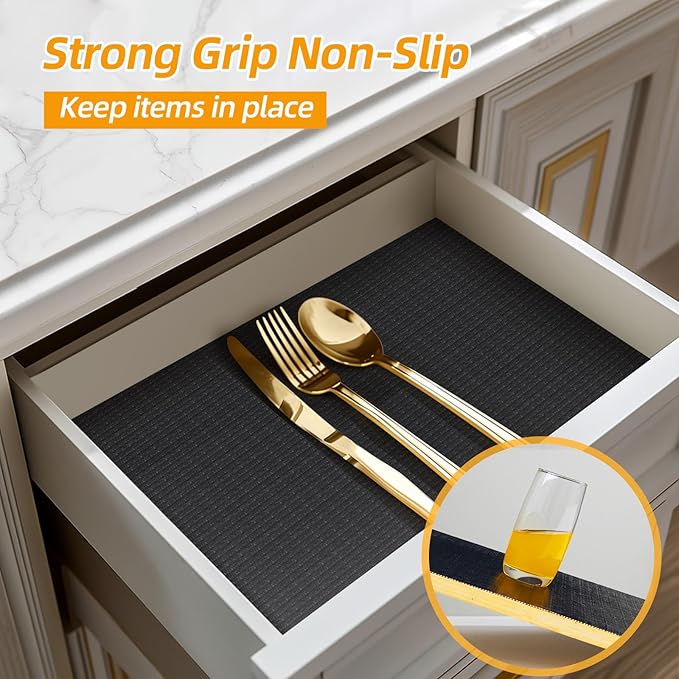Shinlendid Shelf and Drawer Liner for Kitchen Cabinets Non-Adhesive, Strong Grip Non-Slip Thickened Cabinet Liners for Shelves, Waterproof Mats for Dresser Cupboard, Black, 12 in x 20 Feet