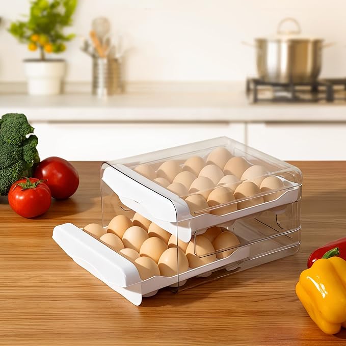 Egg Holder for Fridge,32 Grid/2 Layer Egg Holder,Egg Container for Refrigerator,With Drawer,Multi-function Egg Organizer for Refrigerator, Suitable for Kitchen, Refrigerator, Countertop.