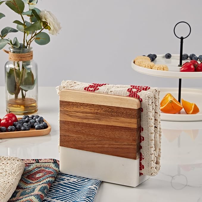 Marble Wood Napkin Holder, Square Heavy Duty Table Standing Tissue Dispenser, Handmade Natural Wood and Marble Tissue Holder, Napkin Dispenser for Home, Kitchen Countertop, Dining Room