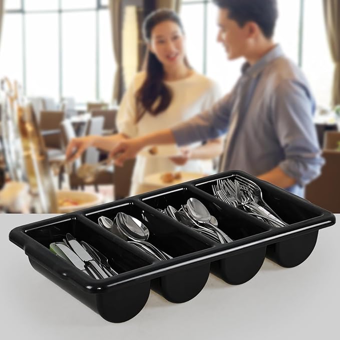 4 Pack Silverware Bin with 4 Compartment, Plastic Cutlery Trays for Restaurant, Black