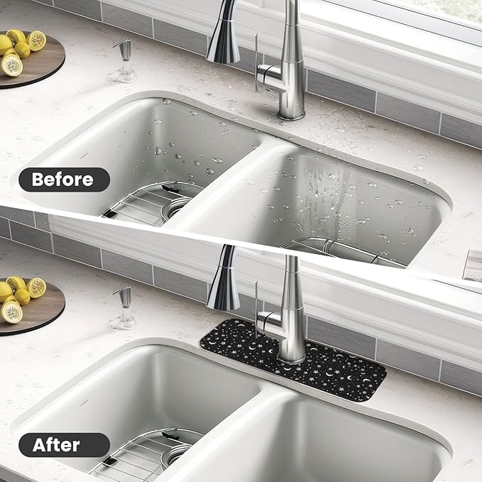 Black And White Moon Star Kitchen Sink Splash Guard Faucet Mat Super Absorbent Fast Drying Mat Sink Gadgets-Fast Drying Pad Sink Mat For Kitchen Bathroom (15" X 5.5" )