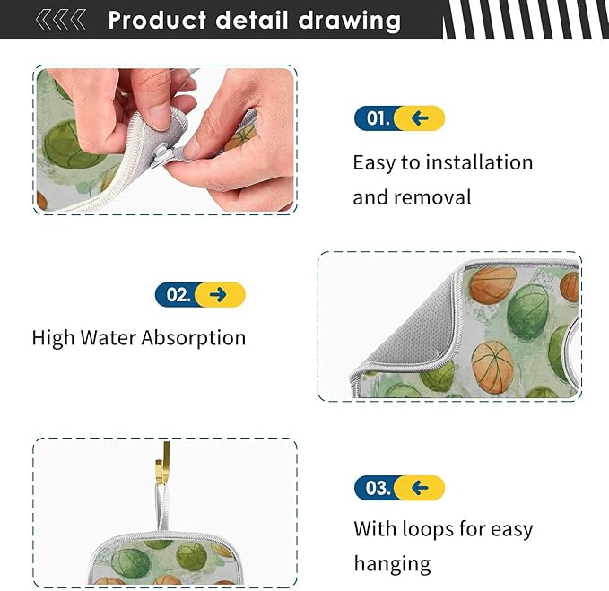 2 PCS Kitchen Sink Splash Guard 23.6 Inch Faucet Mat for Kitchen Sink Bathroom Sink Faucet Absorbing Drip Drain Mat Pad Microfiber Soft Washable Orange and Green Basketball Stars
