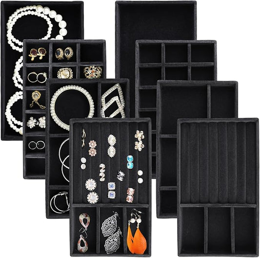 Jewelry Trays,Velvet Stackable Organizer Trays,Drawer Inserts Jewelry Display Case For Rings Stud Necklaces Earring Organizer Tray for Women Girls-8 Pack (Black)