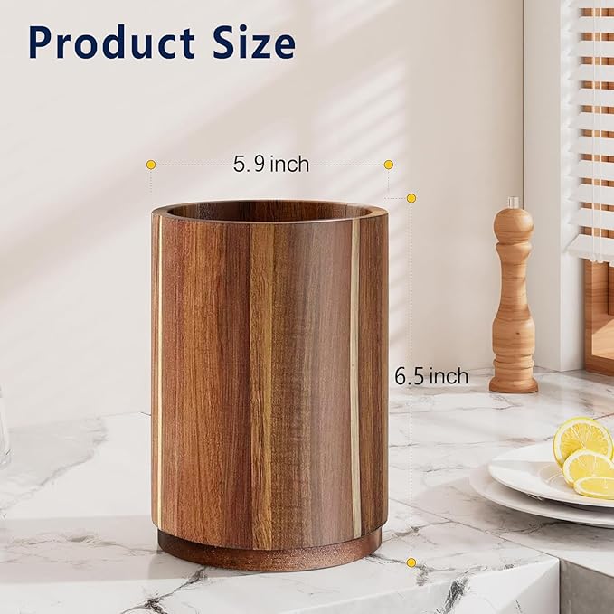 Acacia Wood Utensil Holder - 360° Rotating Countertop Organizer with Non-Slip Base, Large Capacity Kitchen Utensil Crock for Spatula, Spoon & Cooking Tools(2pcs)
