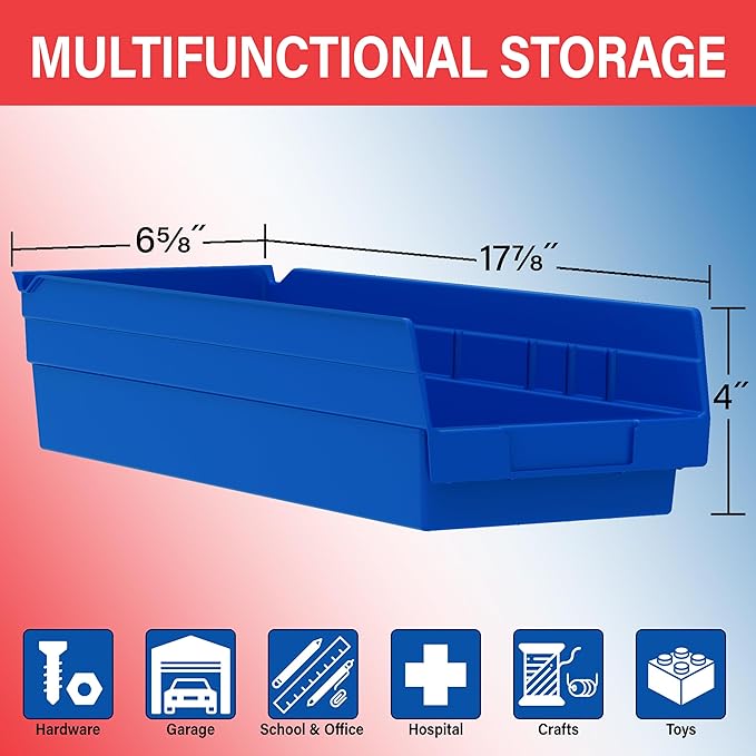 Akro-Mils 30138 Plastic Shelf Bins, Heavy Duty Storage Bins for Garage, Closet, and Drawer Organization, 18" x 6-1/2" x 4", Red, 12-Pack