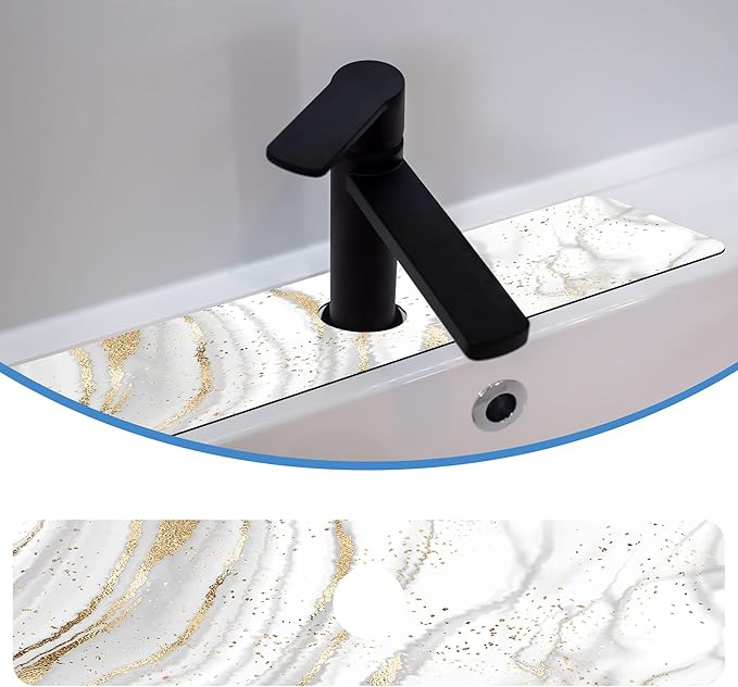 Faucet Mat Splash Guard Platinum Marble, Soft Diatom Mud Material, Strong Water Absorption, Non-slip,Easy to Clean for Bathroom, Kitchen 23.5"X5.5"