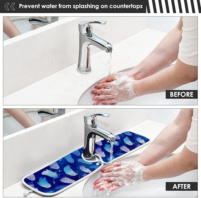 2 PCS Kitchen Sink Splash Guard 23.6 Inch Faucet Mat for Kitchen Sink Bathroom Sink Faucet Absorbing Drip Drain Mat Pad Microfiber Soft Washable Halloween Orange Blue Ghosts