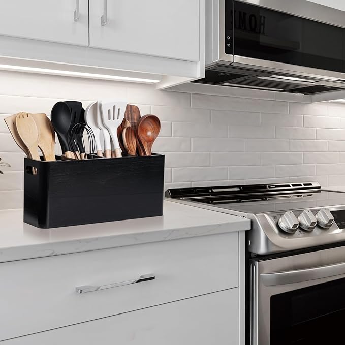Extra Large Farmhouse Utensil Holder for Kitchen Counter, Large Wooden Utensil Holder with 4 Compartments, Black