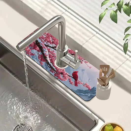 Christmas Welcome Winter Sink Faucet Absorbing Mat Cardinal Bird Super Absorbent Fast Drying Mat Sink Gadgets Behind Faucet Sinkmat for Kitchen Bathroom, 15.5"x5.5"